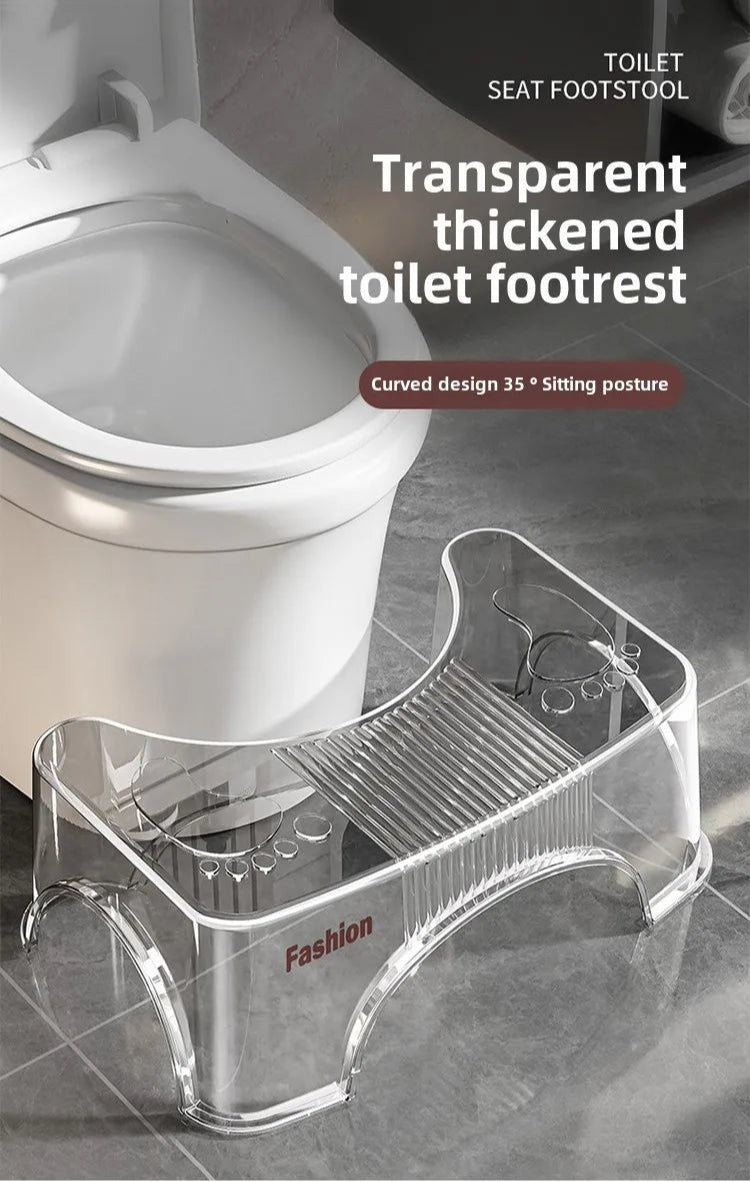 Transparent thickened toilet footstool in front of a white toilet on a gray floor.