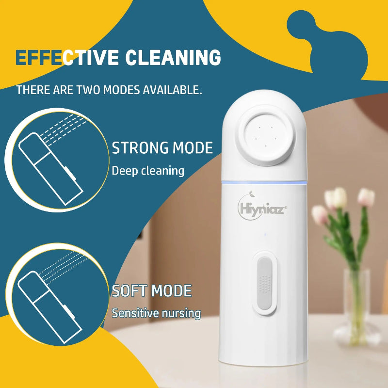 White cleaning device with 'Hyniaz' branding on a blue and yellow background, showing two cleaning modes.