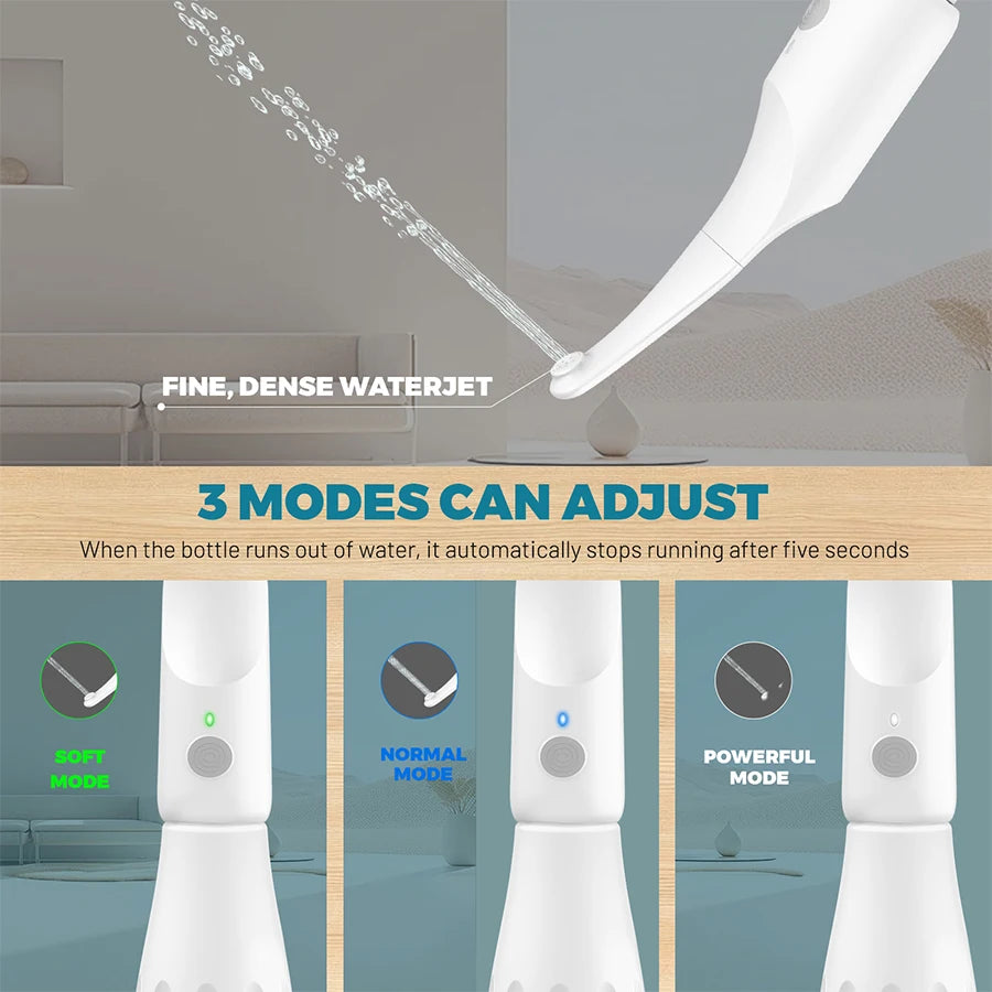 White water bottle with adjustable waterjet feature and mode indicators on a gray background.